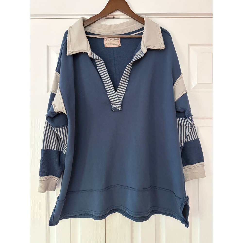 Free People We The Free Blue Monday Rugby Pullover Mixed Media Sweatshirt M - Picture 1 of 5